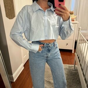 COTTON CROP SHIRT button down blue